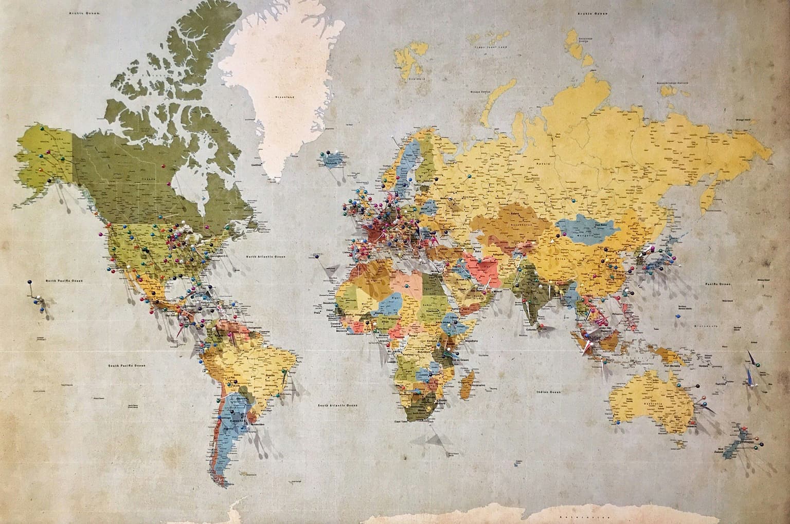 World map on a textured wall
