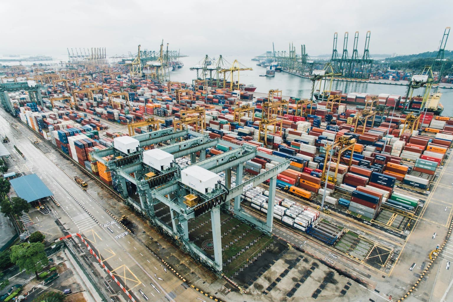 Aerial view of a container port terminal